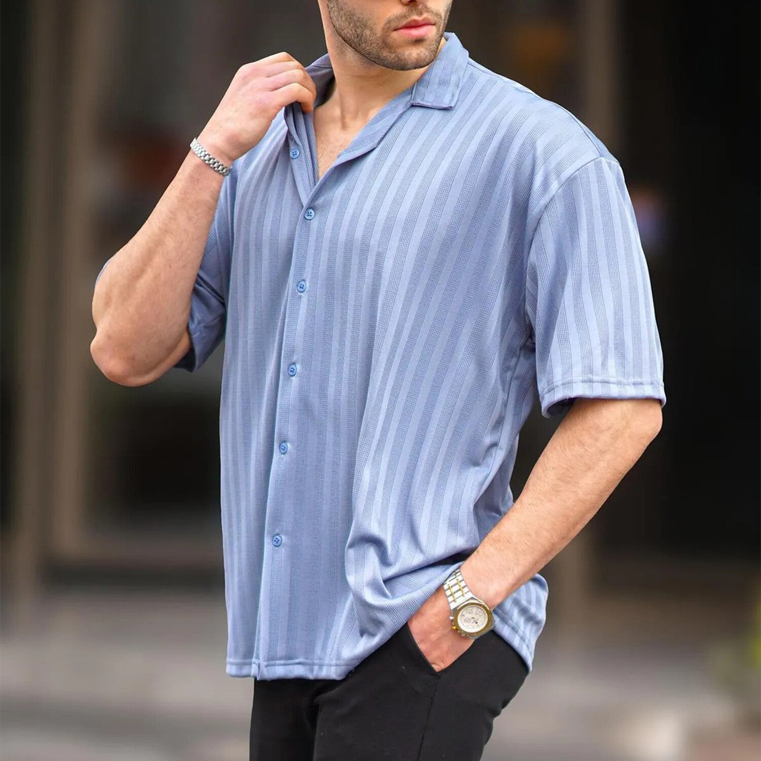 Striped Short Sleeve Oversize Button Up // Indigo