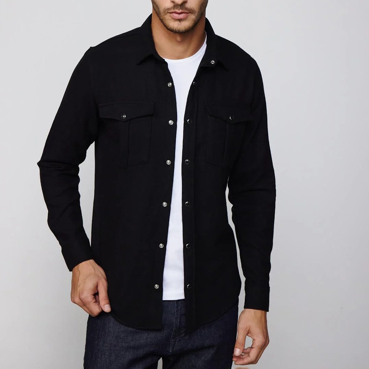 Slim Fit Double Flap Pocket Shirt // Black