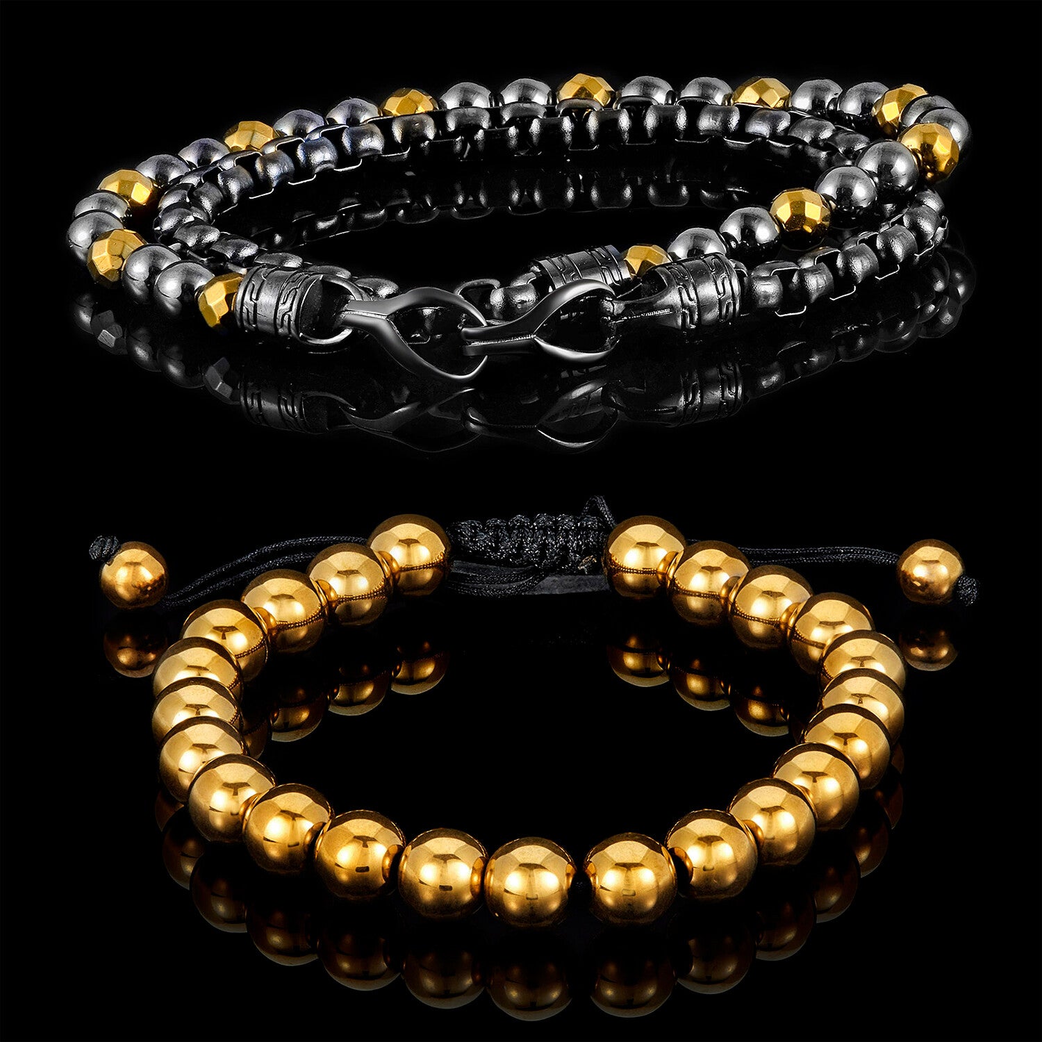 Gold Plated Hematite + Steel Box Chain Wrap Bracelet // Set of 2 // 8"