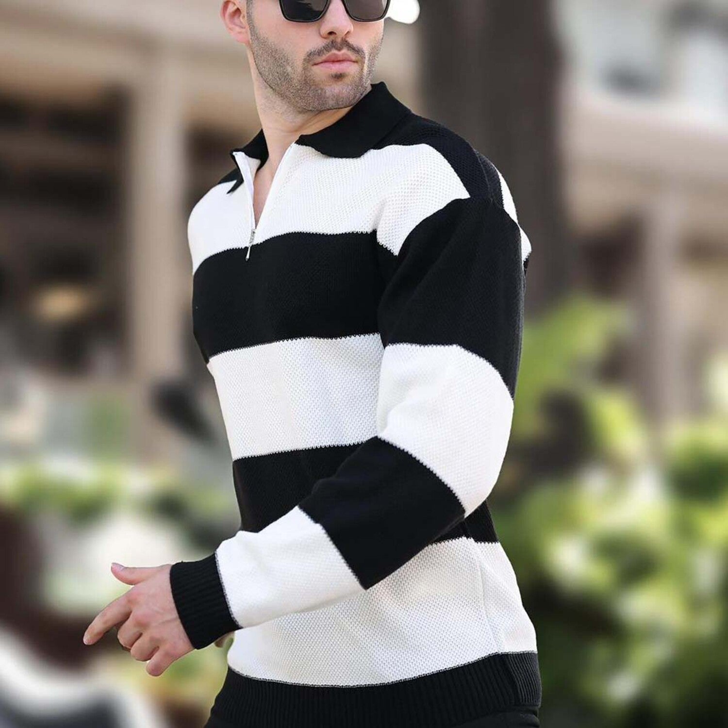 Quarter-Zip Striped Polo Sweater // Black + White