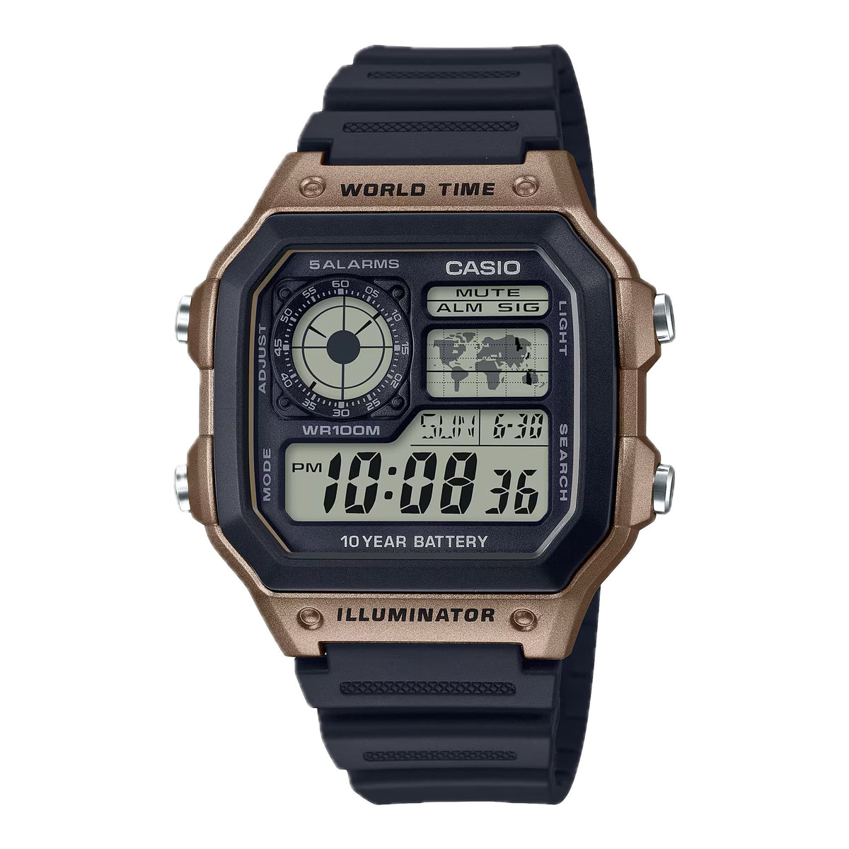 Casio Men's Black and Brown Digital Watch - AE-1200WH-5AV