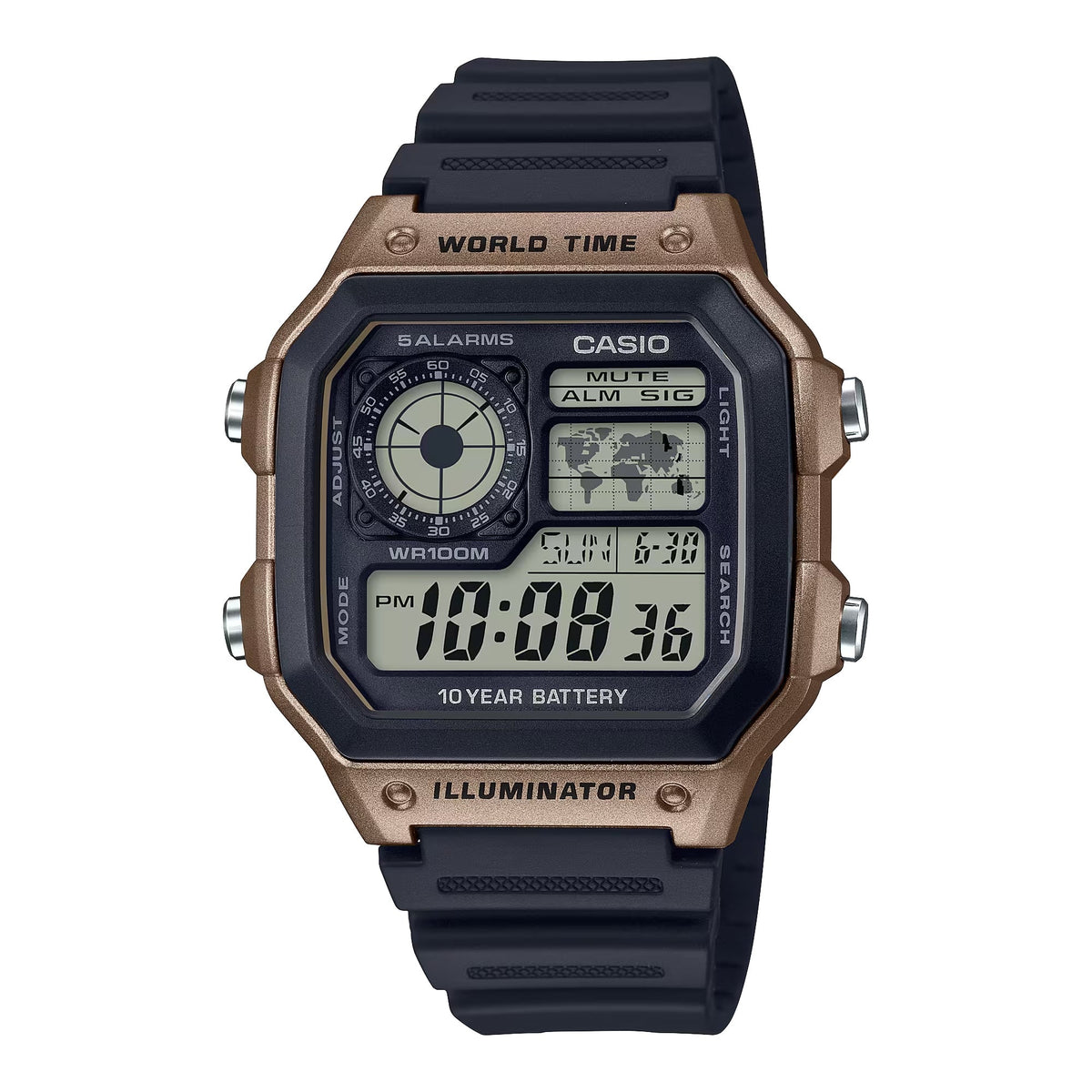 Casio Men’s Black and Brown World Time Digital Resin Watch - AE-1200WH-5AVCF