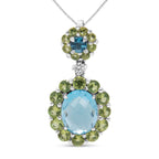 18k White Gold 0.05 Cttw Round Diamond and Blue Topaz and Green Peridot Gemstone Halo Drop 18" Pendant Necklace (F-G Color, VS1-VS2 Clarity)