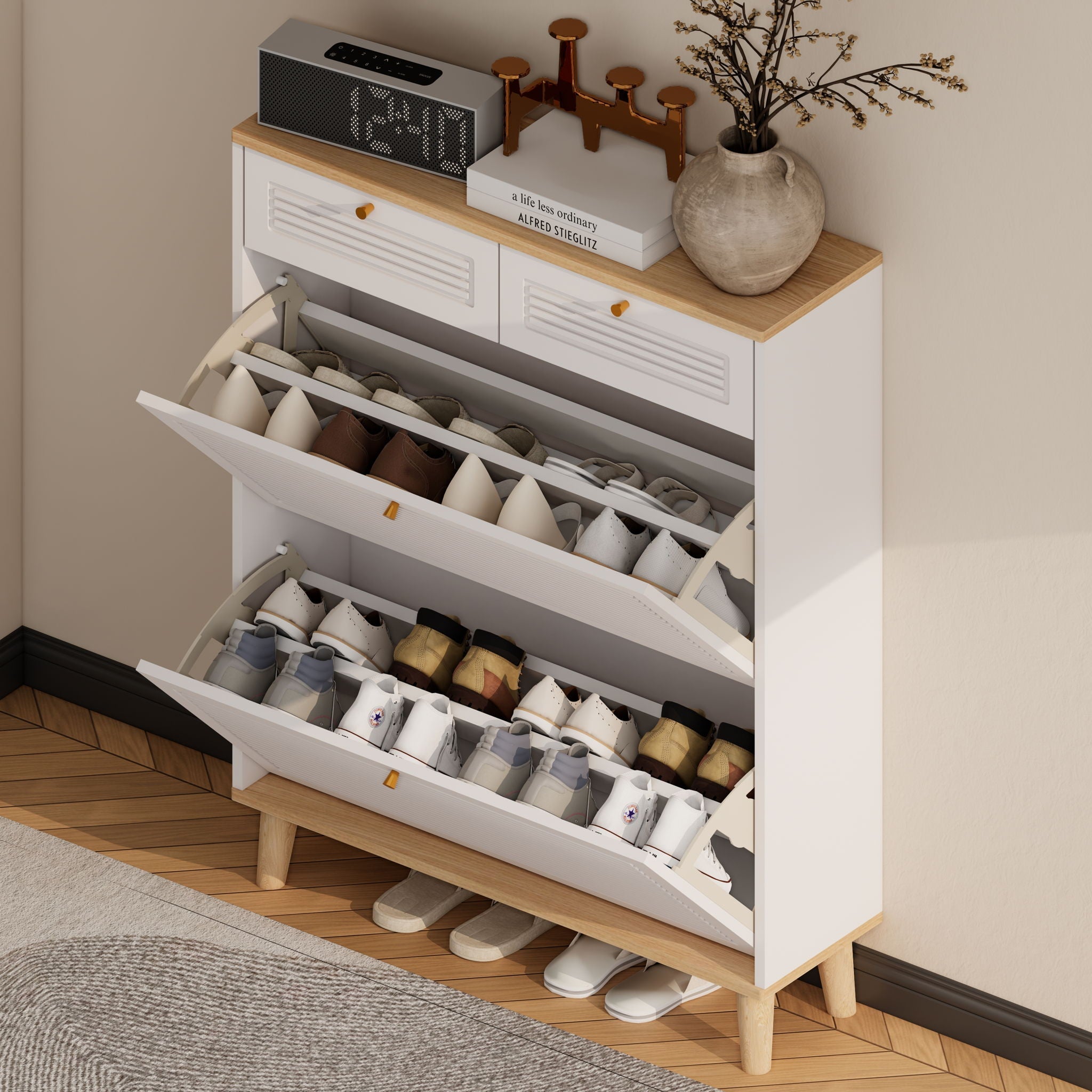Modern Freestanding Shoe Cabinet With Flip Up Doors - White Natural