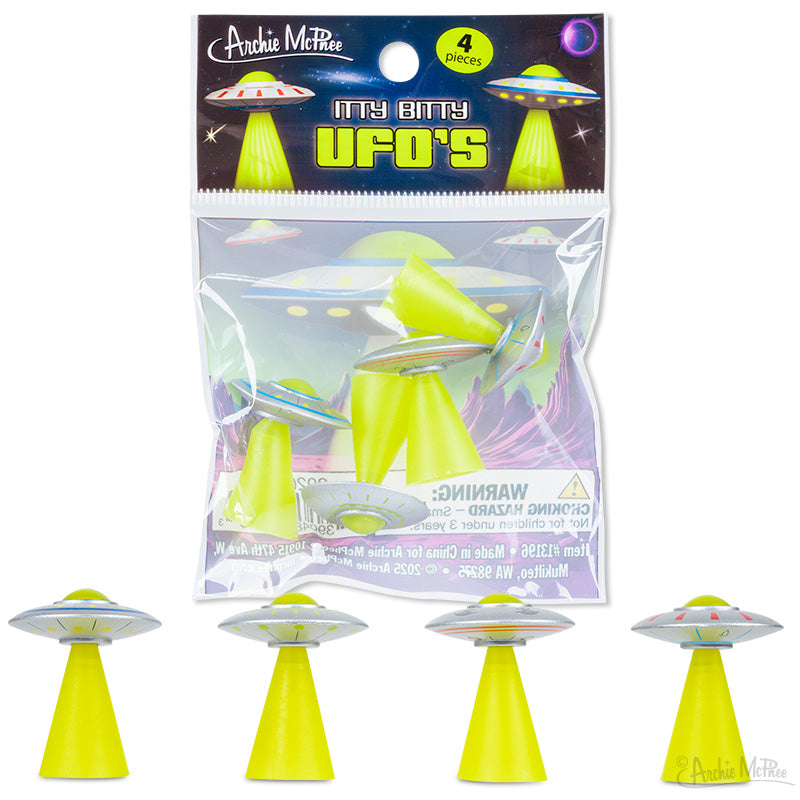🛸 Itty Bitty UFOs 4pc Mini Set Soft Vinyl Flying Saucers Alien - Archie McPhee