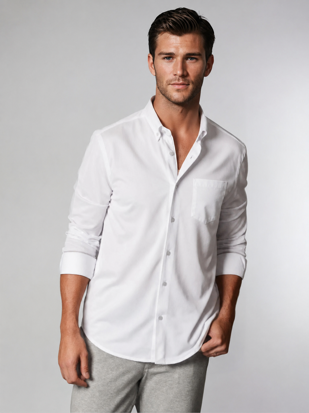 Classic White Long Sleeve Button Down Tech Shirt