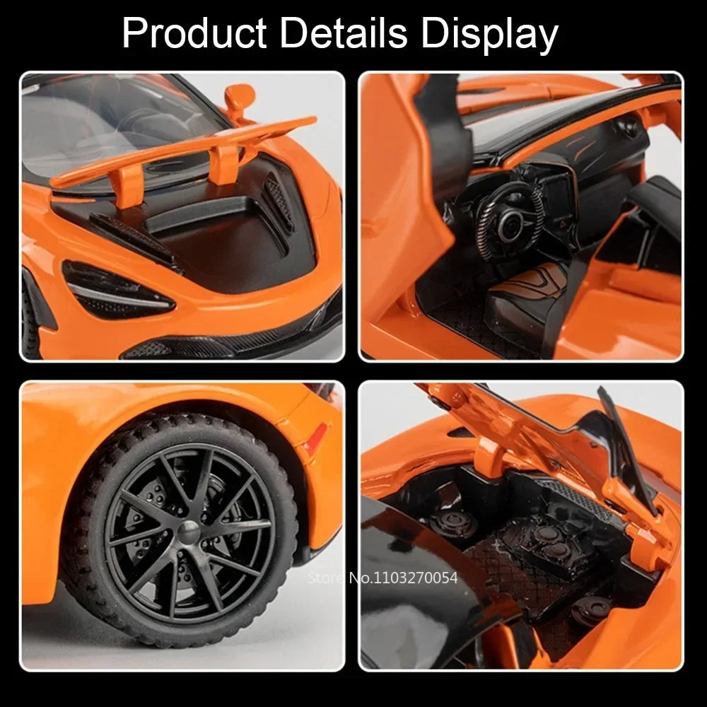 1:32 720S DB12 Alloy Sports Cars Model Toys Doors Opened Sound Light Pull Back Rubber Tires Miniature Vehices Toy for Kids Gifts