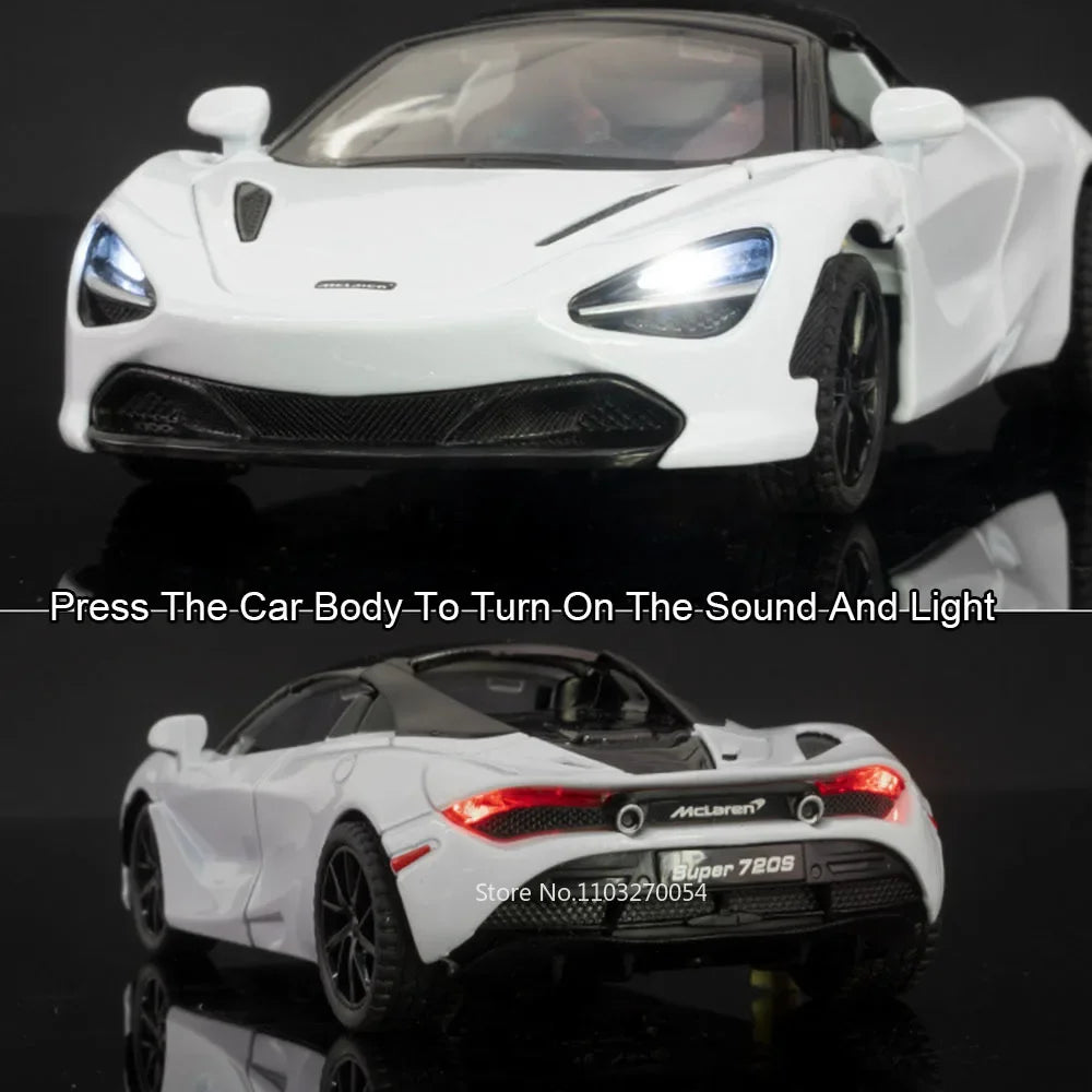 1:32 720S DB12 Alloy Sports Cars Model Toys Doors Opened Sound Light Pull Back Rubber Tires Miniature Vehices Toy for Kids Gifts