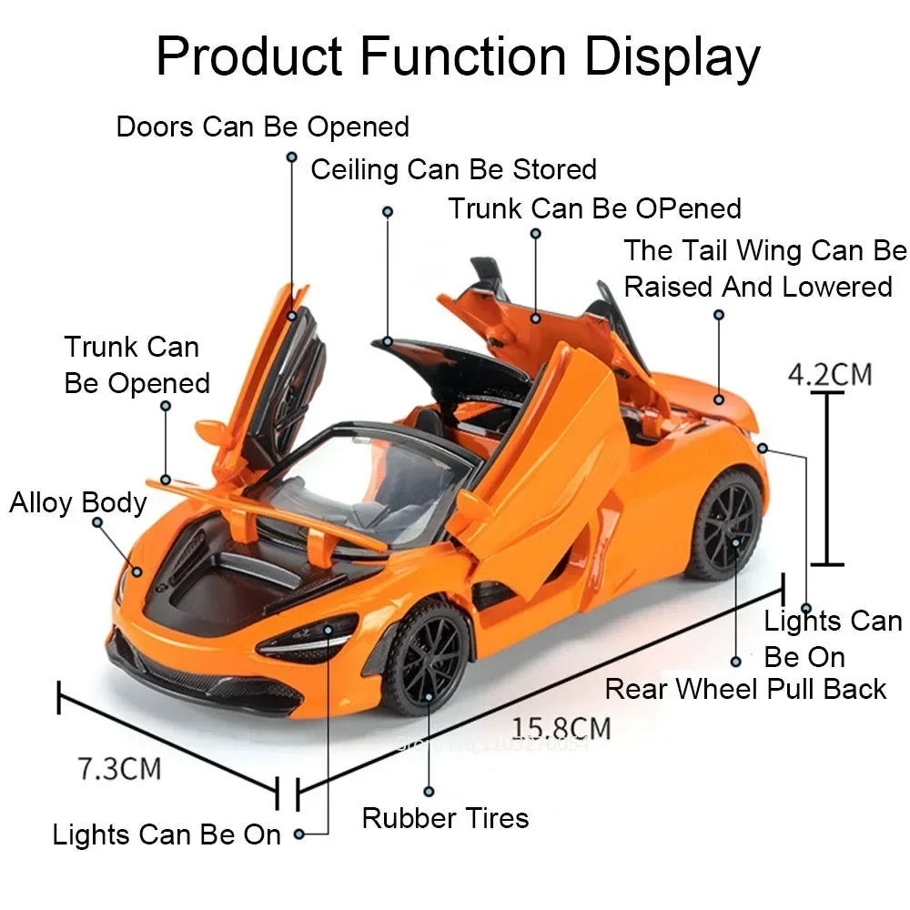 1:32 720S DB12 Alloy Sports Cars Model Toys Doors Opened Sound Light Pull Back Rubber Tires Miniature Vehices Toy for Kids Gifts
