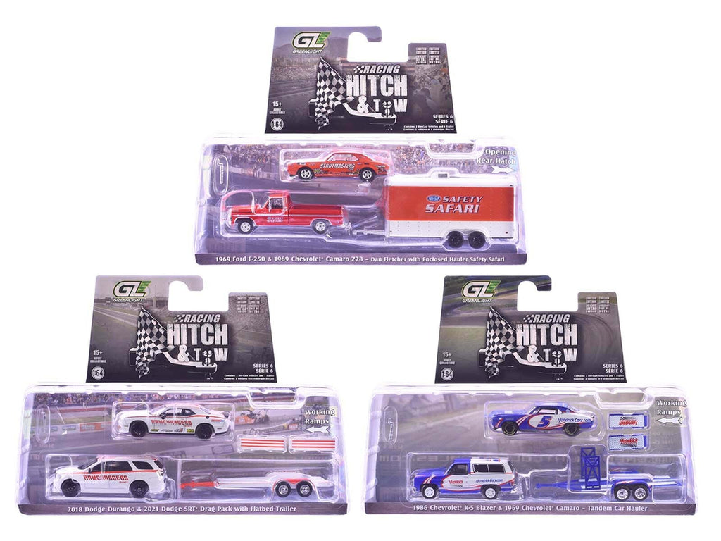 "Racing Hitch & Tow" Series #6 Set of 3 pieces 1/64 Diecast Model Cars by Greenlight