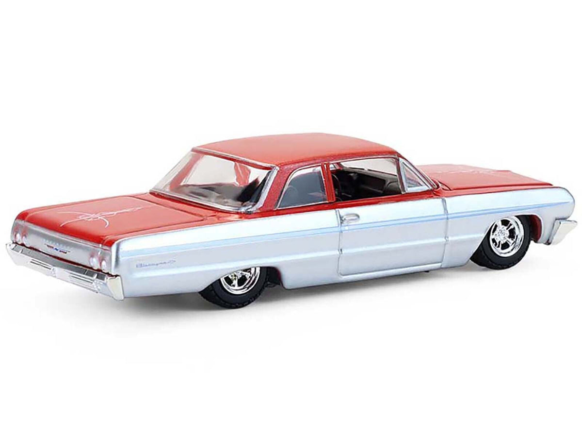 1964 Chevrolet Biscayne Lowrider Silver Metallic and Red Two-Tone "California Lowriders" Series 7 1/64 Diecast Model Car by Greenlight