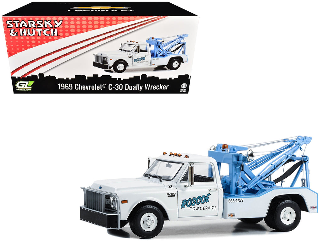 1969 Chevrolet C-30 Dually Wrecker Tow Truck "Roscoe Tow Service" White "Starsky and Hutch" (1975-1979) TV Series 1/18 Diecast Model Car by Greenlight