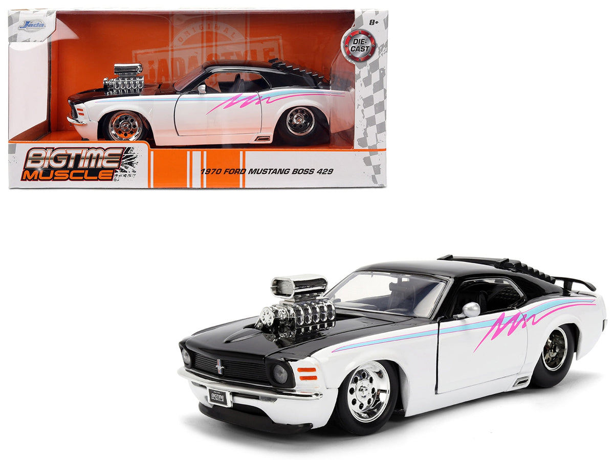 1970 Ford Mustang Boss 429 Black and White with Graphics "Bigtime Muscle" Series 1/24 Diecast Model Car by Jada