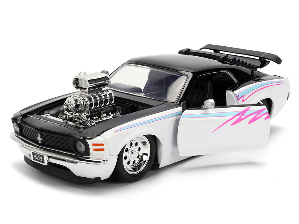 1970 Ford Mustang Boss 429 Black and White with Graphics "Bigtime Muscle" Series 1/24 Diecast Model Car by Jada