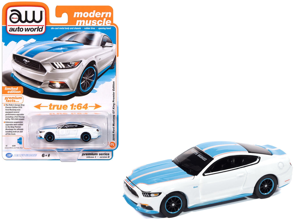 2016 Ford Mustang GT King Premier Edition "Petty's Garage" Oxford White with Petty Blue Stripes "Modern Muscle" Series 1/64 Diecast Model Car by Auto World