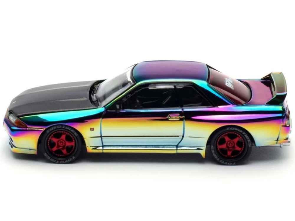Skyline GT-R (BNR32) RHD (Right Hand Drive) Chameleon Chrome with Carbon Hood "APA XPO 2025 Exclusive 1/64 Diecast Model Car by Pop Race