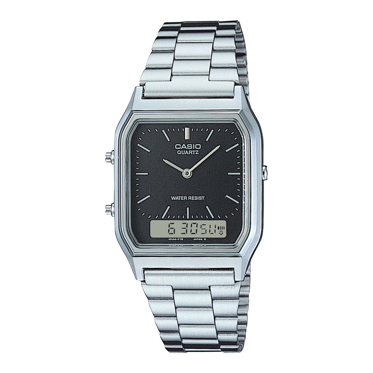 Casio Men's Silver Analog Digital Watch Black Dial Steel Bracelet - AQ-230A-1D