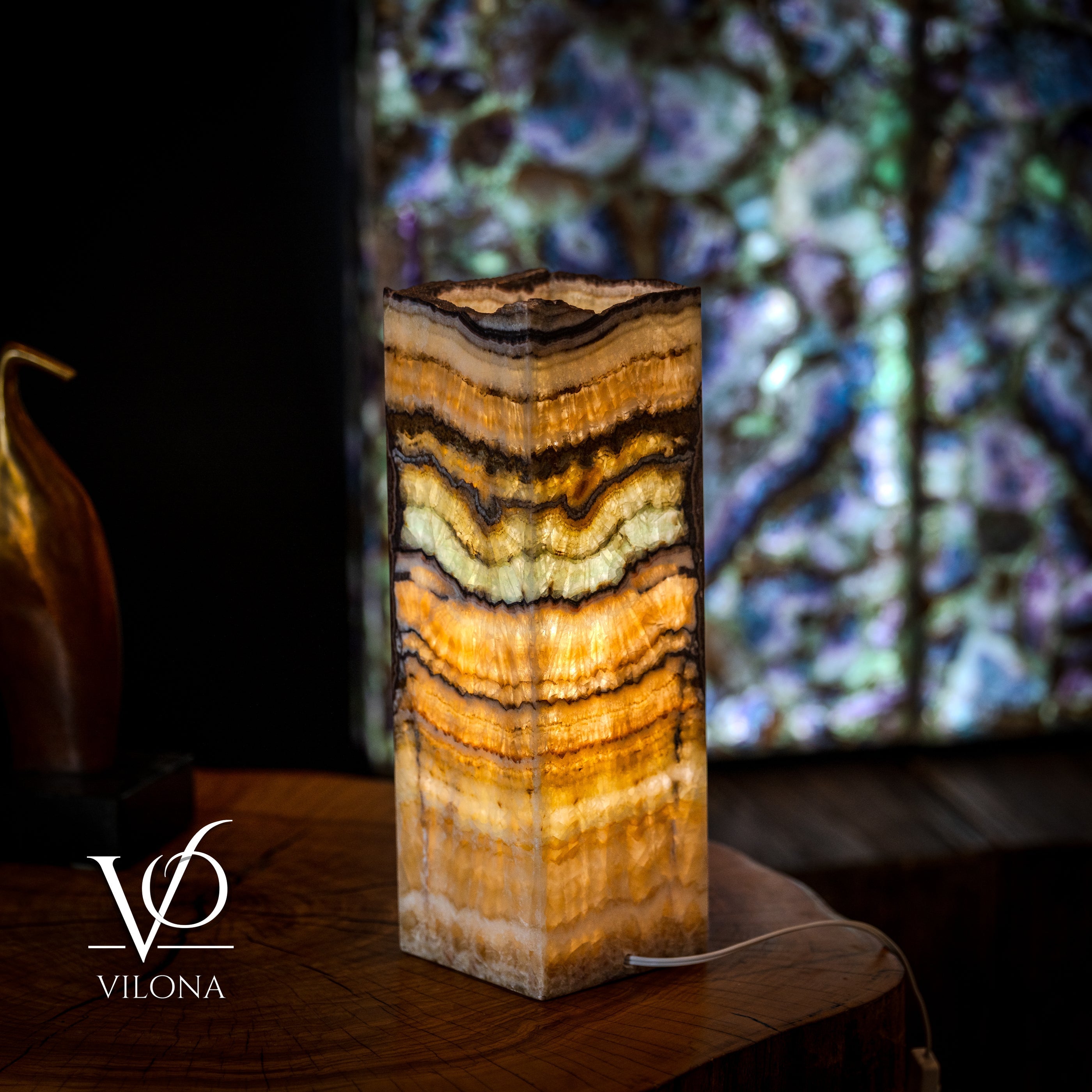 Aqua Onyx Table Lamp - Small - (18" Tall, 6x6" Live Edge Square #6)