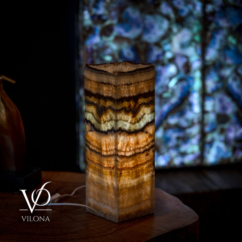 Aqua Onyx Table Lamp - Small - (18" Tall, 6x6" Live Edge Square #8)