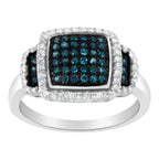 Black Rhodium Plated .925 Sterling Silver 1/2 Cttw White & Blue Diamond Square Halo Cocktail Ring (Fancy Blue & H-I Color, I2-I3 Clarity) - SIze 6
