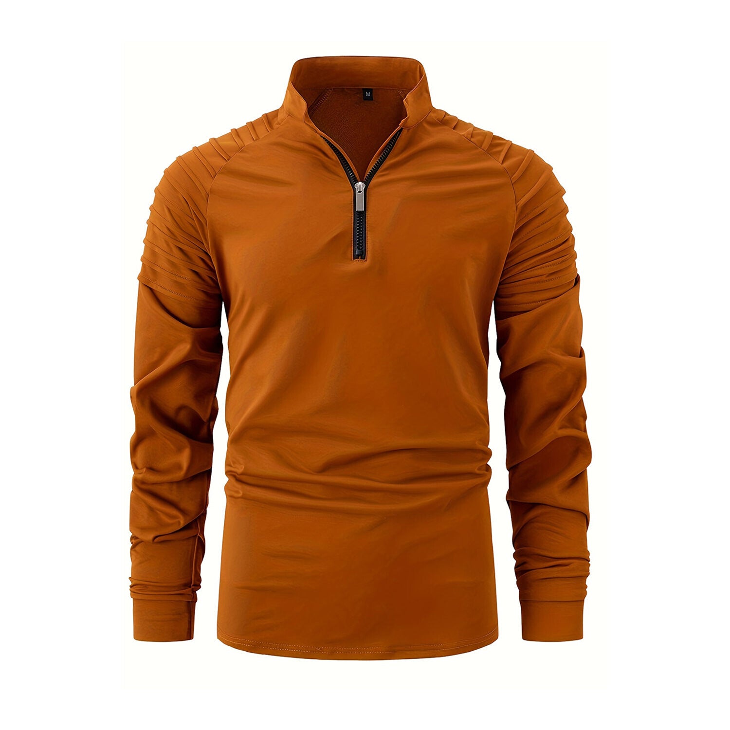 Quarter-Zip Long Sleeve Shoulder Ribbed Shirt // Caramel