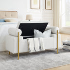 Elegant Upholstered Storage Bench With Cylindrical Arms And Iron Legs