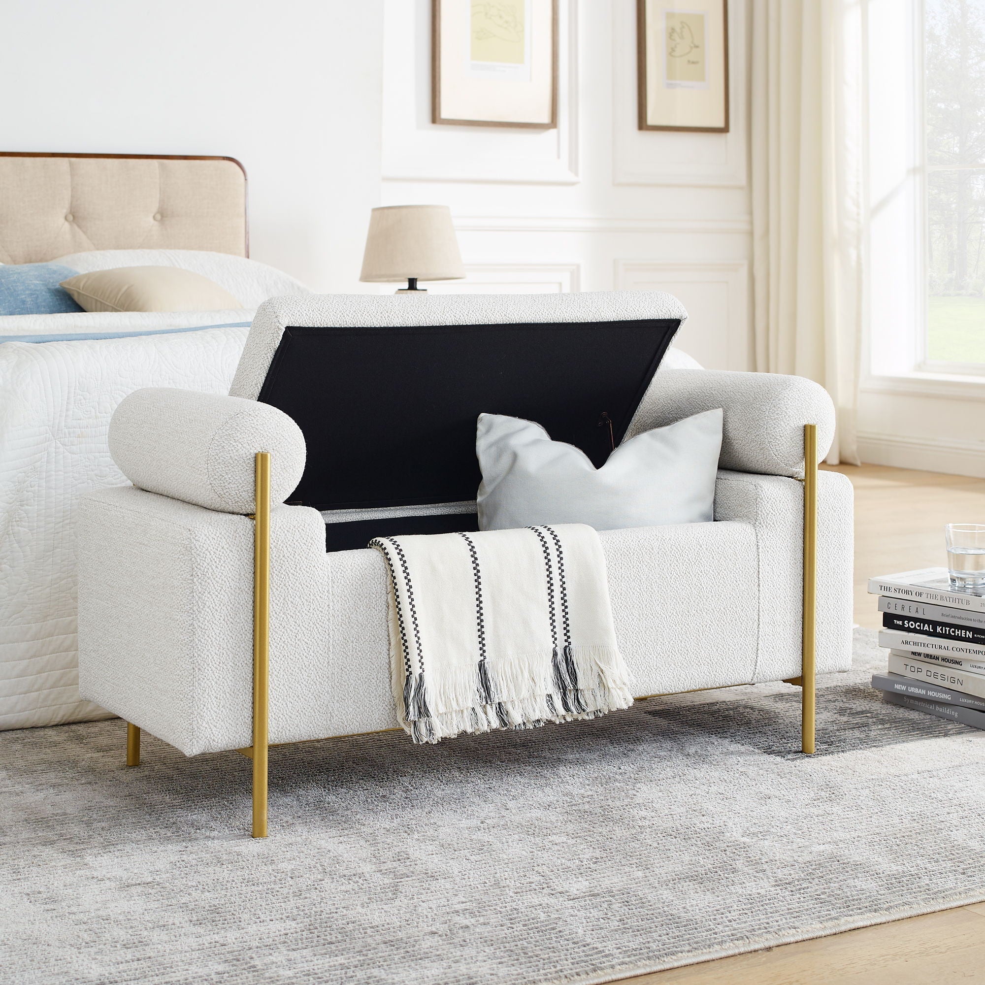 Elegant Upholstered Storage Bench With Cylindrical Arms And Iron Legs