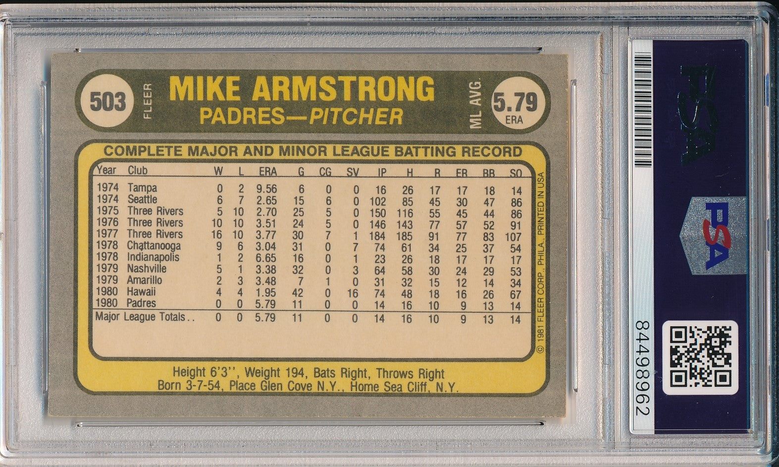 Mike Armstrong San Diego Padres Signed/Auto 1981 FLEER Card #503 PSA/DNA 166110