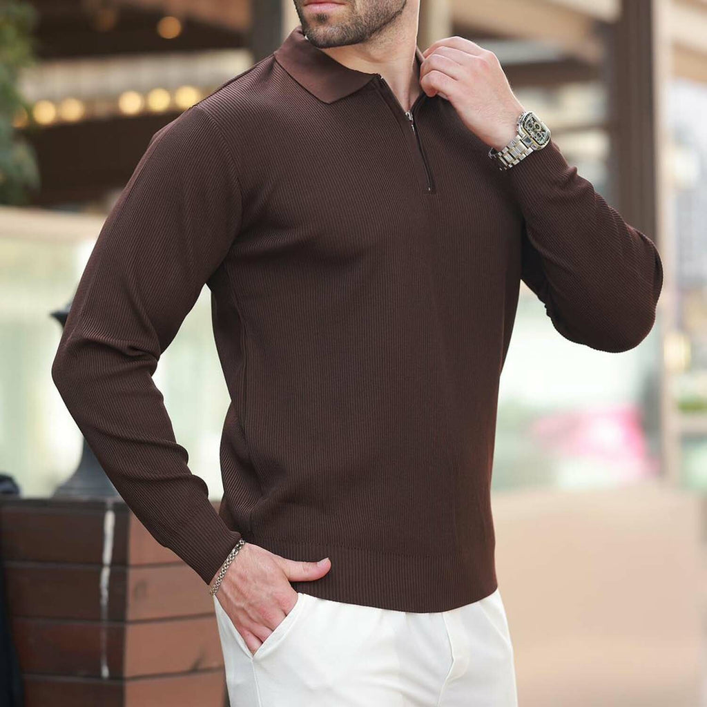 Quarter-Zip Small Rib Knit Polo Sweater // Brown