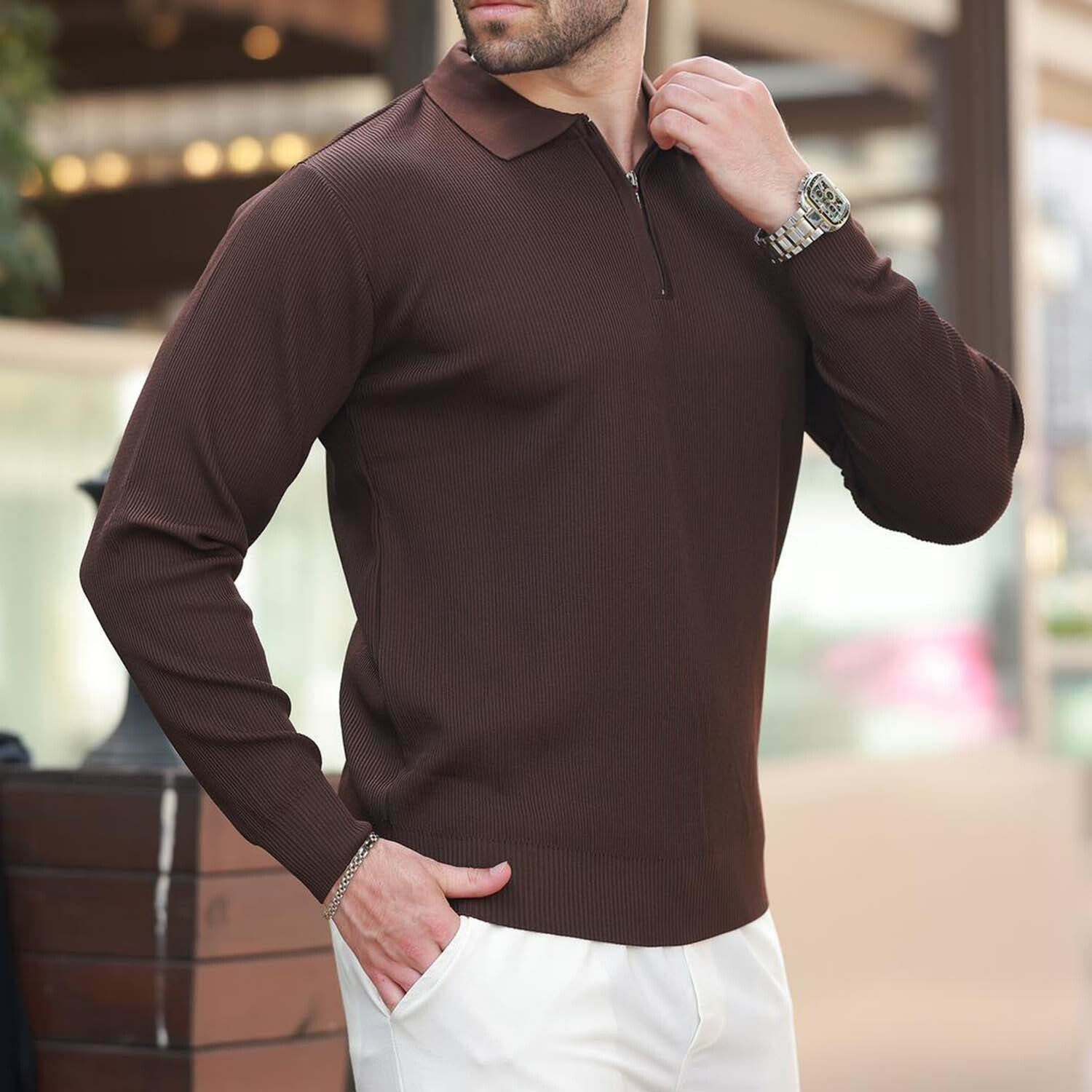 Quarter-Zip Small Rib Knit Polo Sweater // Brown