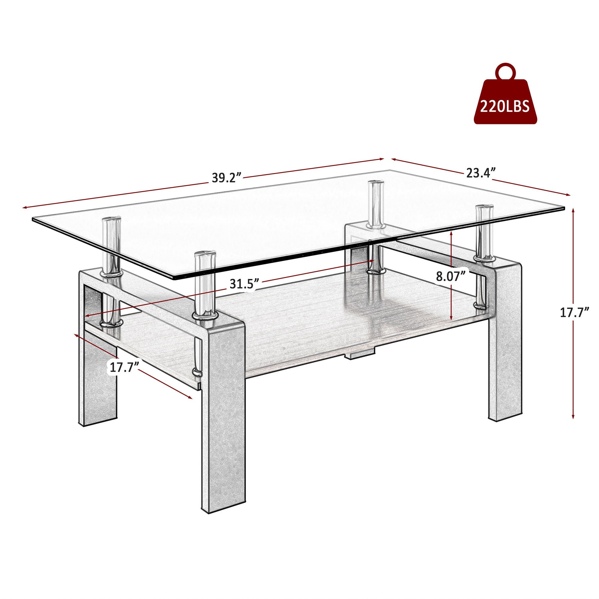 Modern Rectangular Coffee Table With Tempered Transparent
