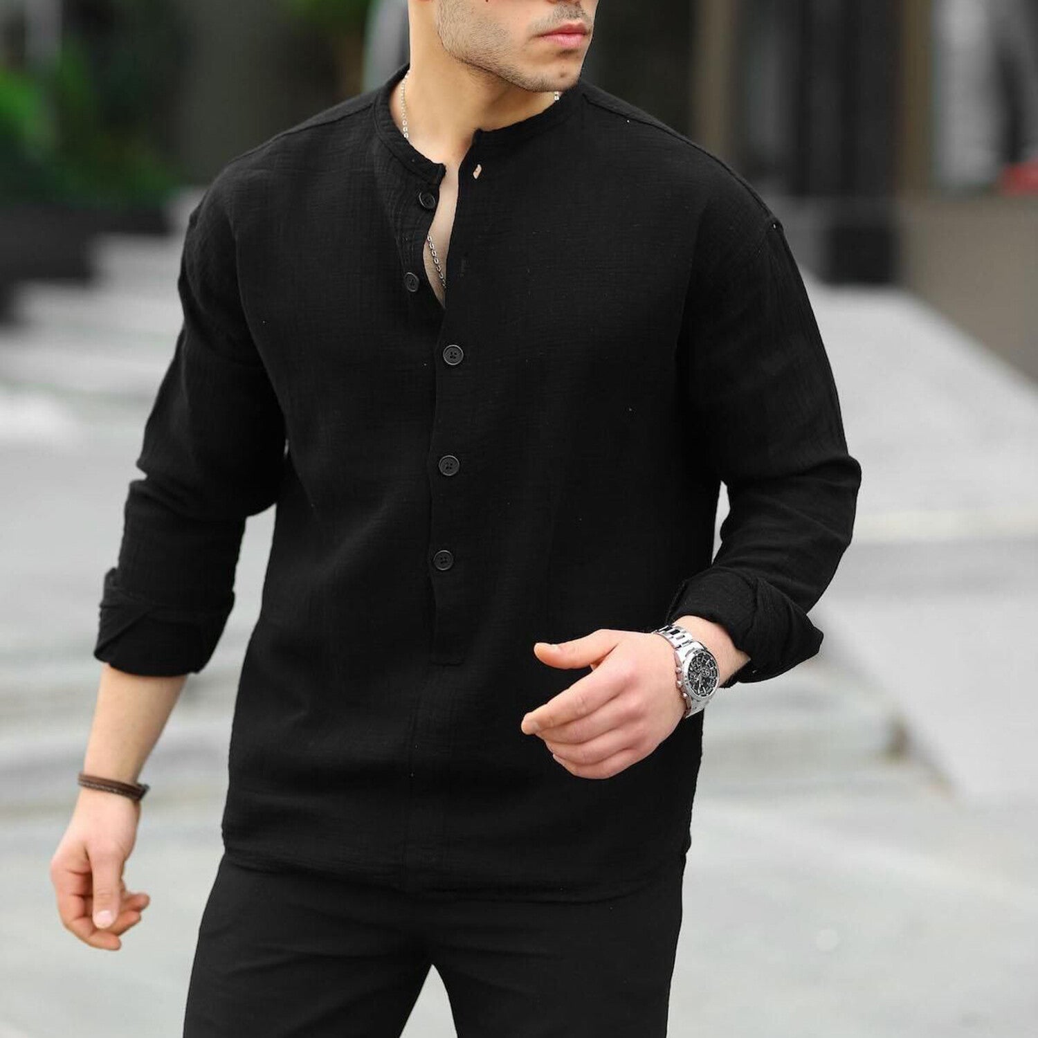 Half Patch Collar Muslin Fabric Shirt // Black