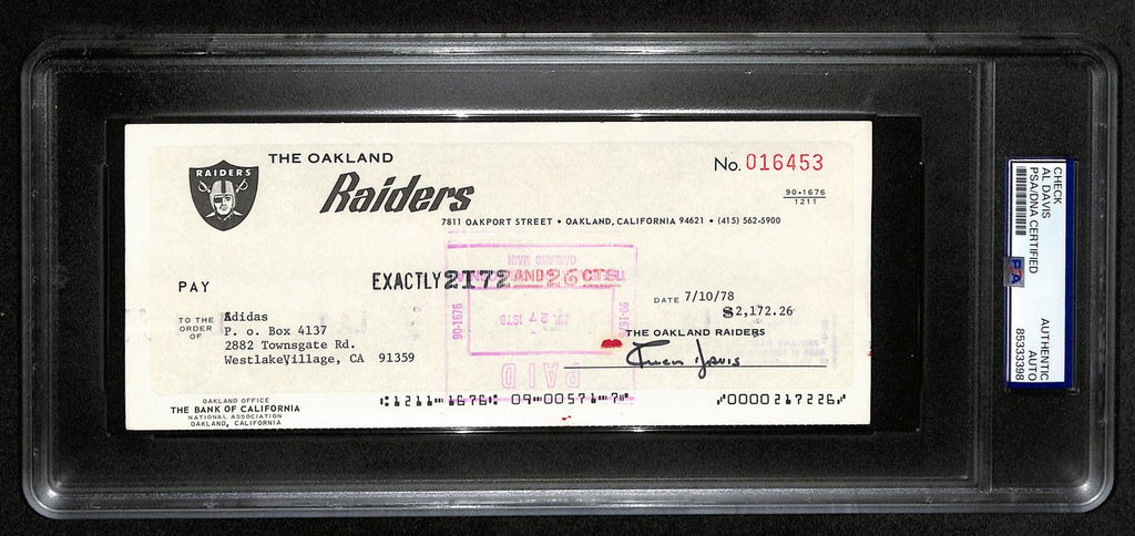 Al Davis HOF Signed/Autographed 8.5x3.5 Bank Check Raiders PSA/DNA 193238
