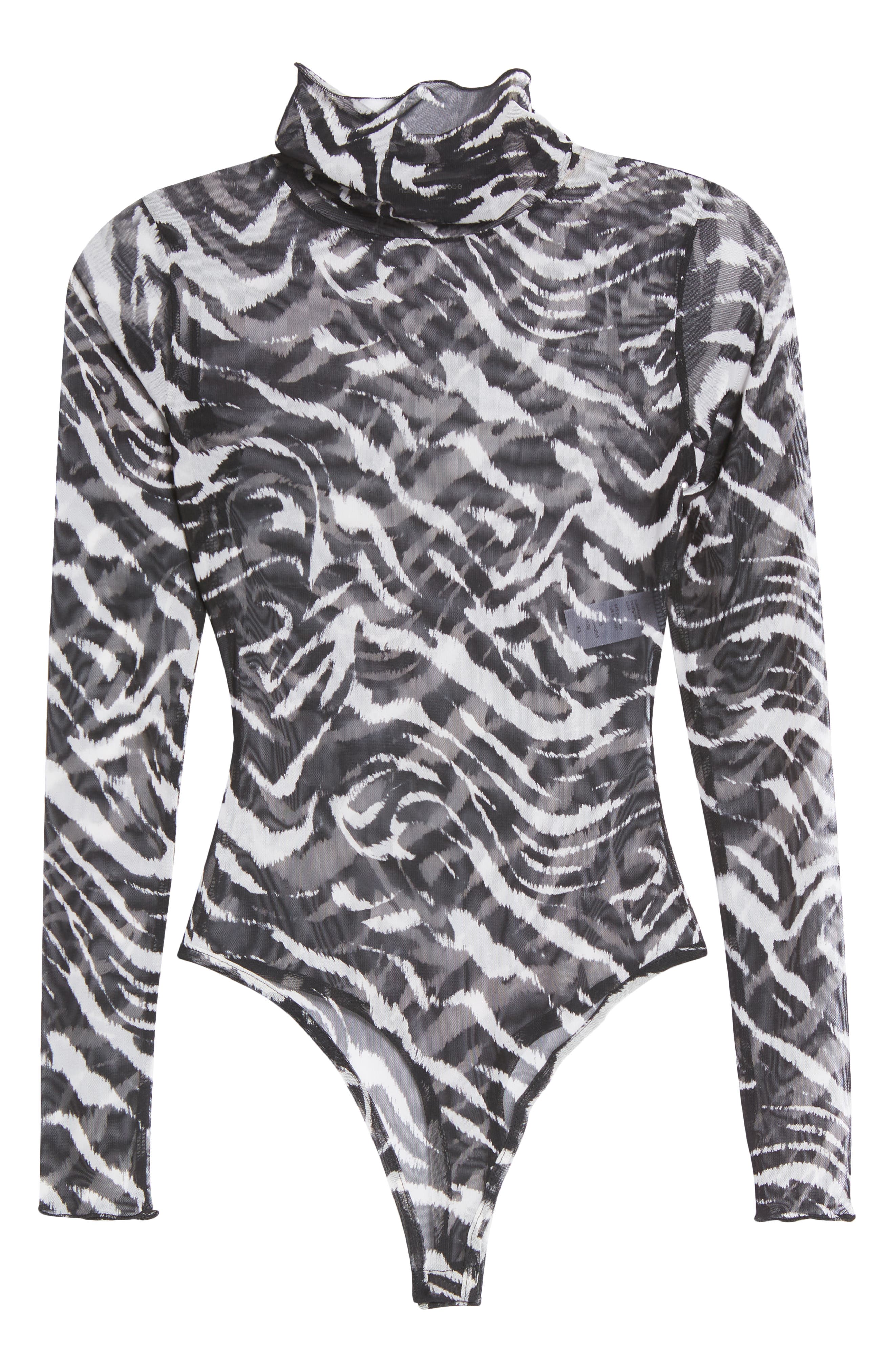 Naked Wardrobe Turtleneck Mesh Bodysuit in Zebra, Size Medium