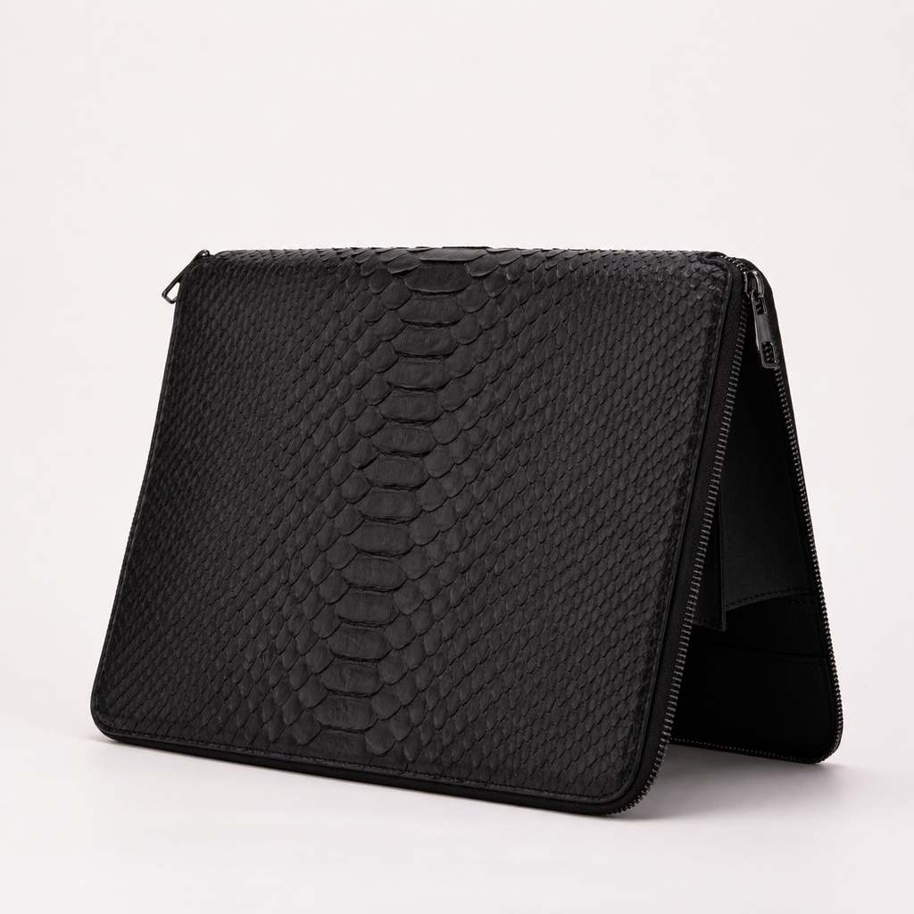 The Varese Black Hand-Painted Python Leather 14” Laptop Portfolio
