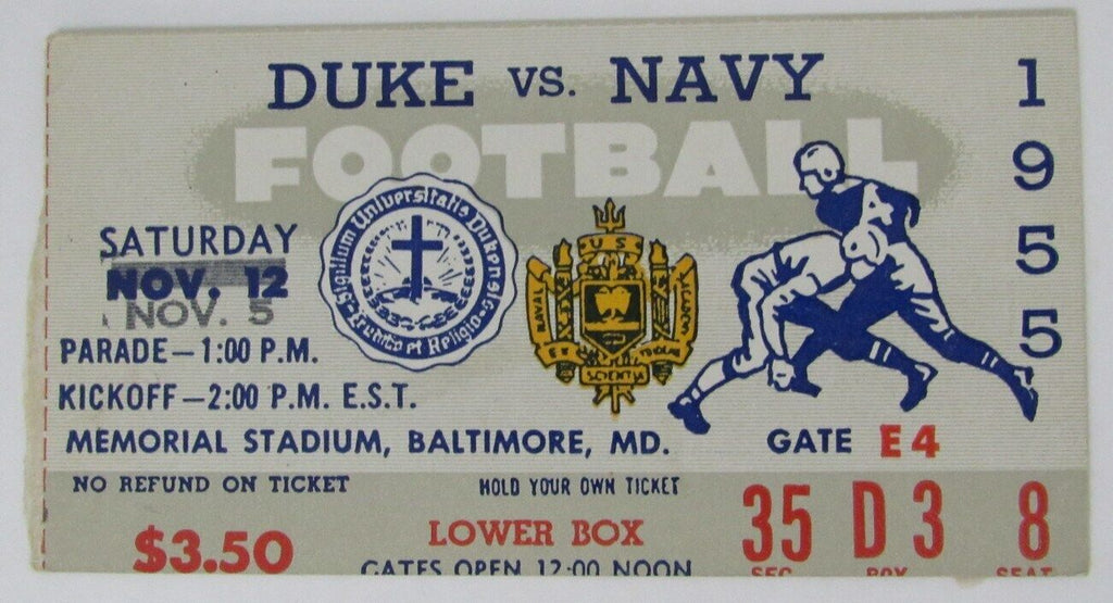 1955 Duke vs. Navy College Football Game Ticket Stub at Memorial Stadium