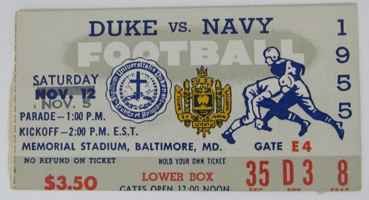 1955 Duke vs. Navy College Football Game Ticket Stub at Memorial Stadium