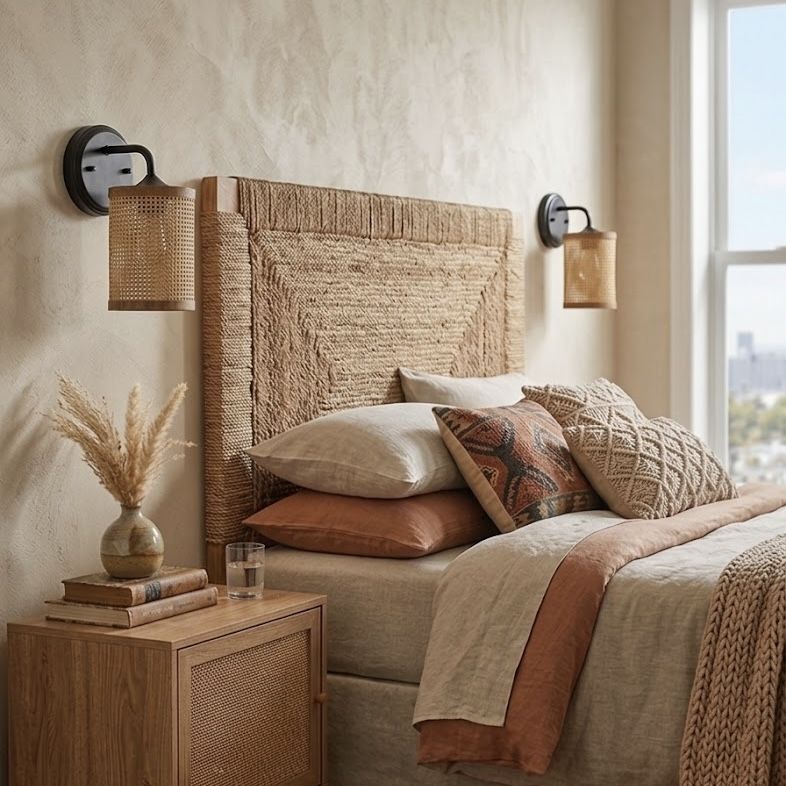 Reef - Single Lights Wall Sconce With Natural Shade Rustic - Black / Rattan