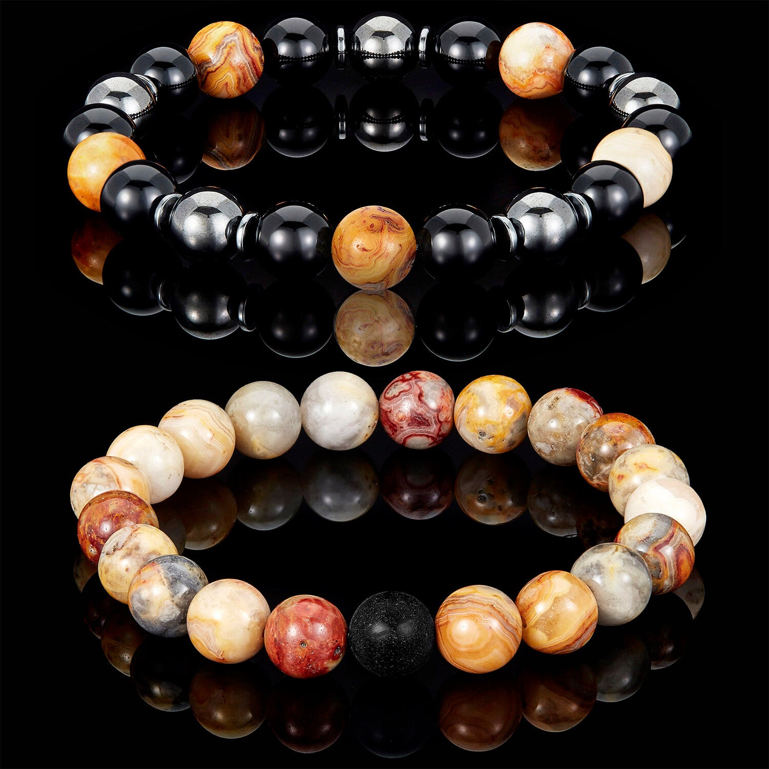 Crazy Lace Agate + Onyx + Magnetic Hematite Stretch Bracelets // Set of 2 // 8.25"