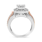 14K White and Rose Gold 1 1/8 Cttw Princess and Round-Cut Diamond Art Deco Style Triple Shank Halo Cocktail Ring (I-J Color, SI2-I1 Clarity) - Size 7