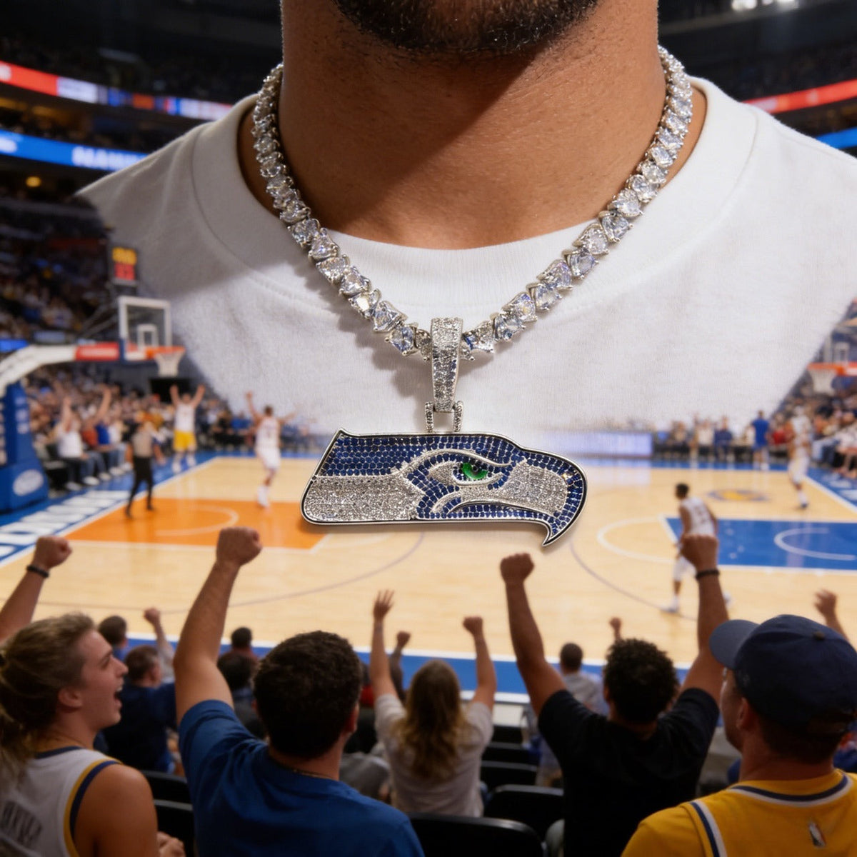 Seattle Seahawks Logo Pendant Necklace – with Heart Tennis Chain for Fans
