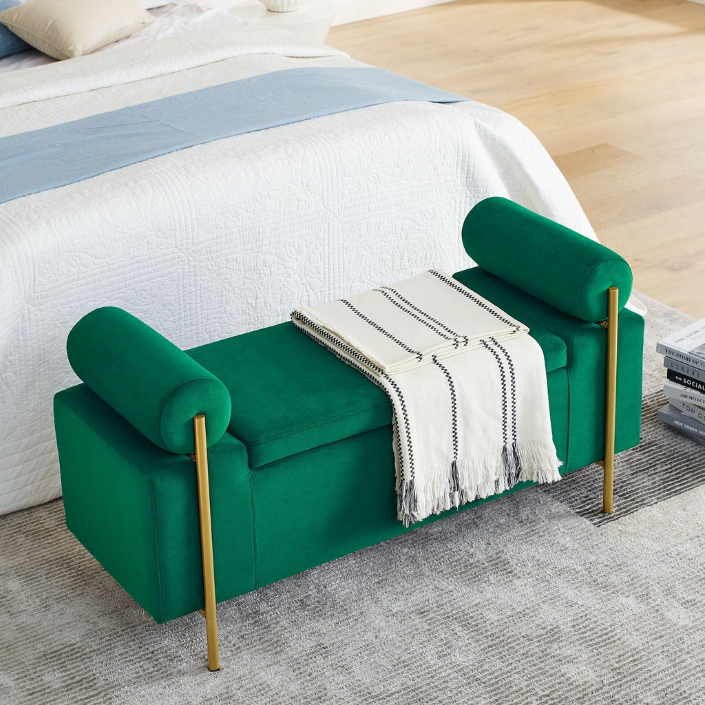 Elegant Upholstered Storage Bench With Cylindrical Arms And Iron Legs