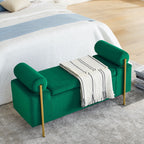 Elegant Upholstered Storage Bench With Cylindrical Arms And Iron Legs