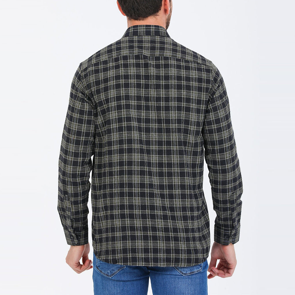 Jake Long Sleeve Checkered Pocket Collar Button-Up Shirt // Military Green