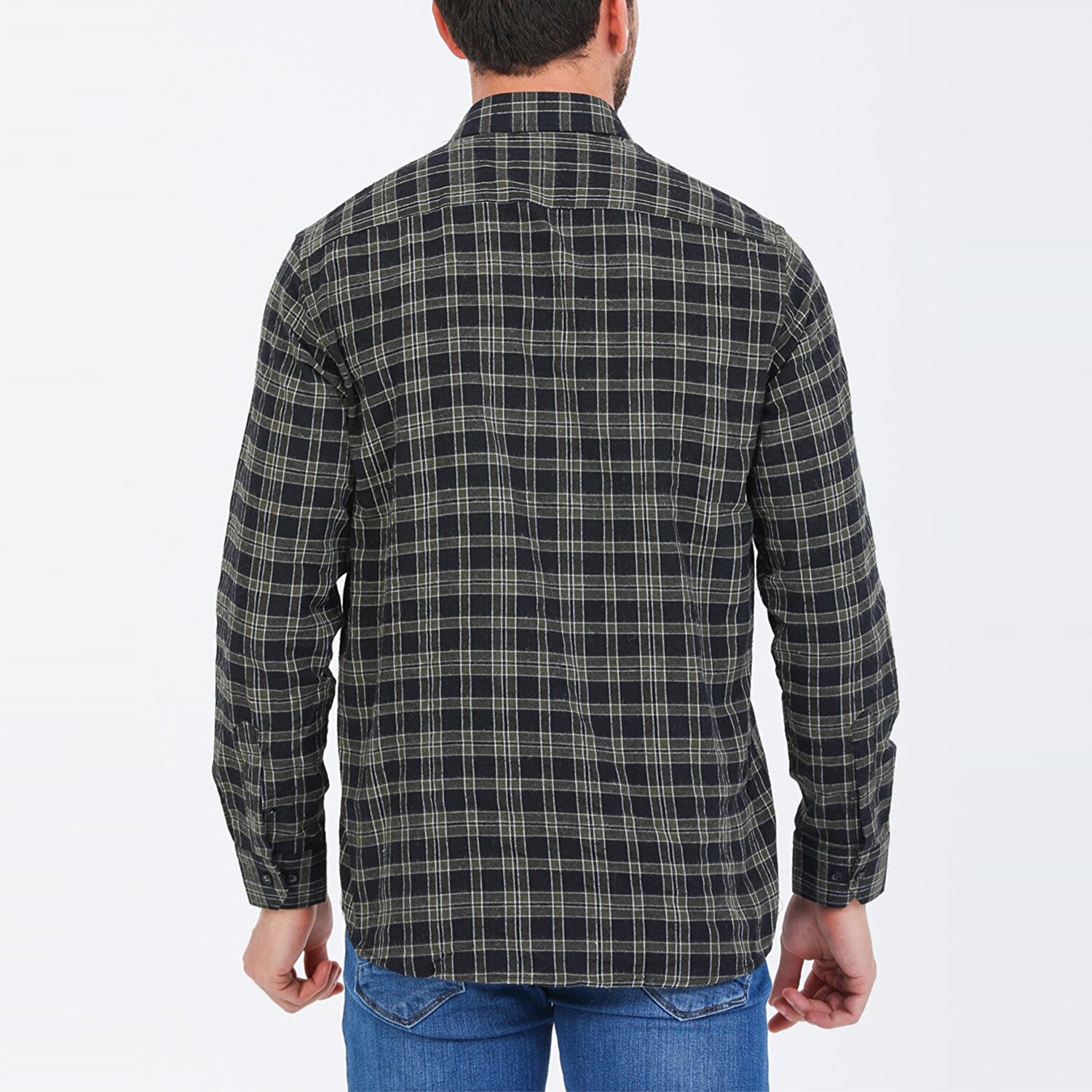 Jake Long Sleeve Checkered Pocket Collar Button-Up Shirt // Military Green