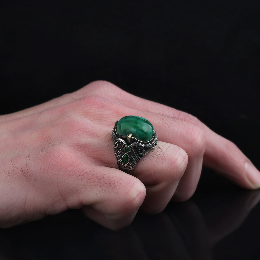 925 Sterling Silver Genuine Malachite Stone Ring