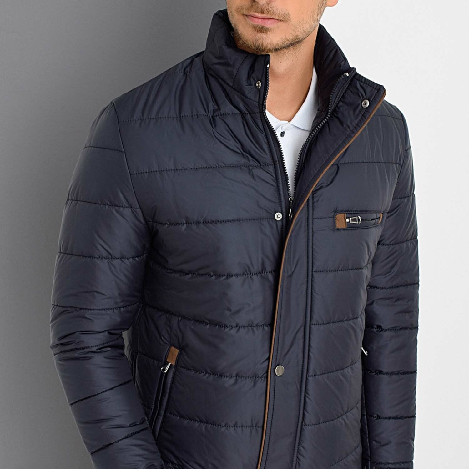 Mock Neck Striped Quilted Jacket // Dark Blue