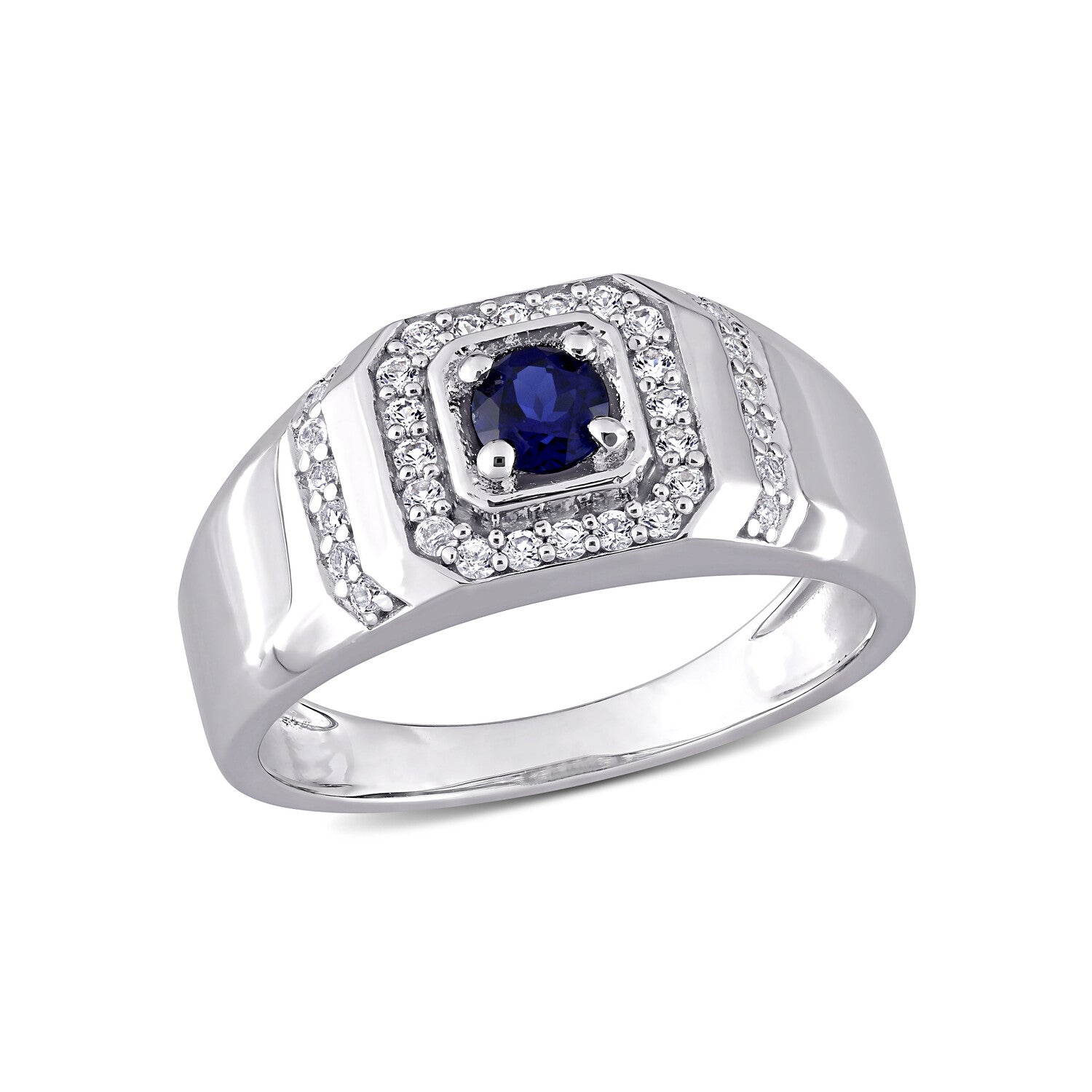 0.6 TGW BlueSapphire + White Sapphire Halo Ring // Sterling Silver