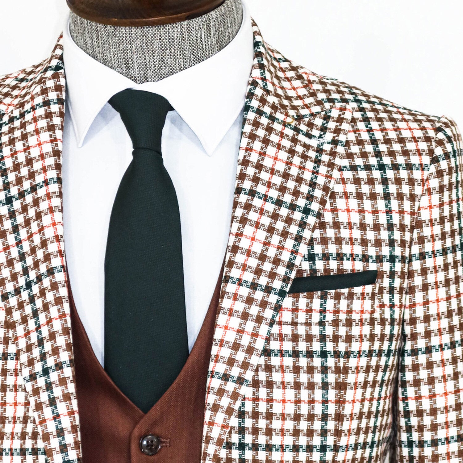 Carson Slim Fit Plaid 3-Piece Vested Suit // Brown + White + Green