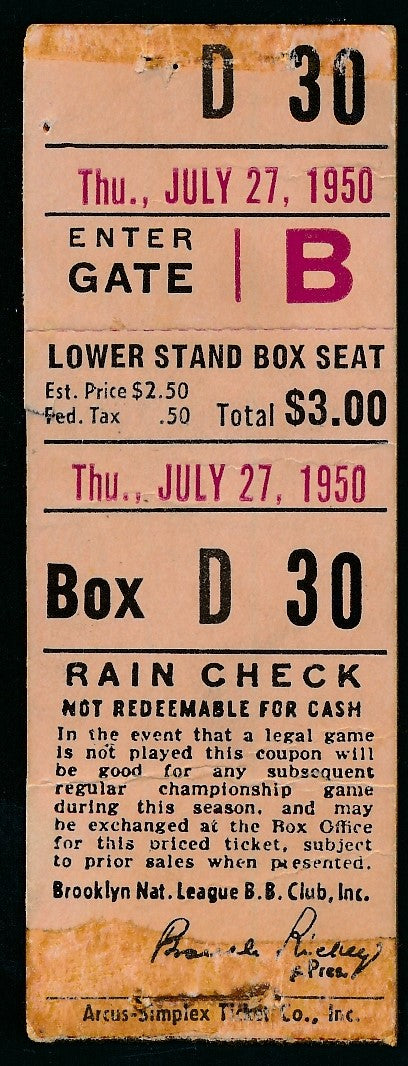 July 27, 1950 Baseball Game Full Ticket Cubs vs. Dodgers Jackie Robinson 176126